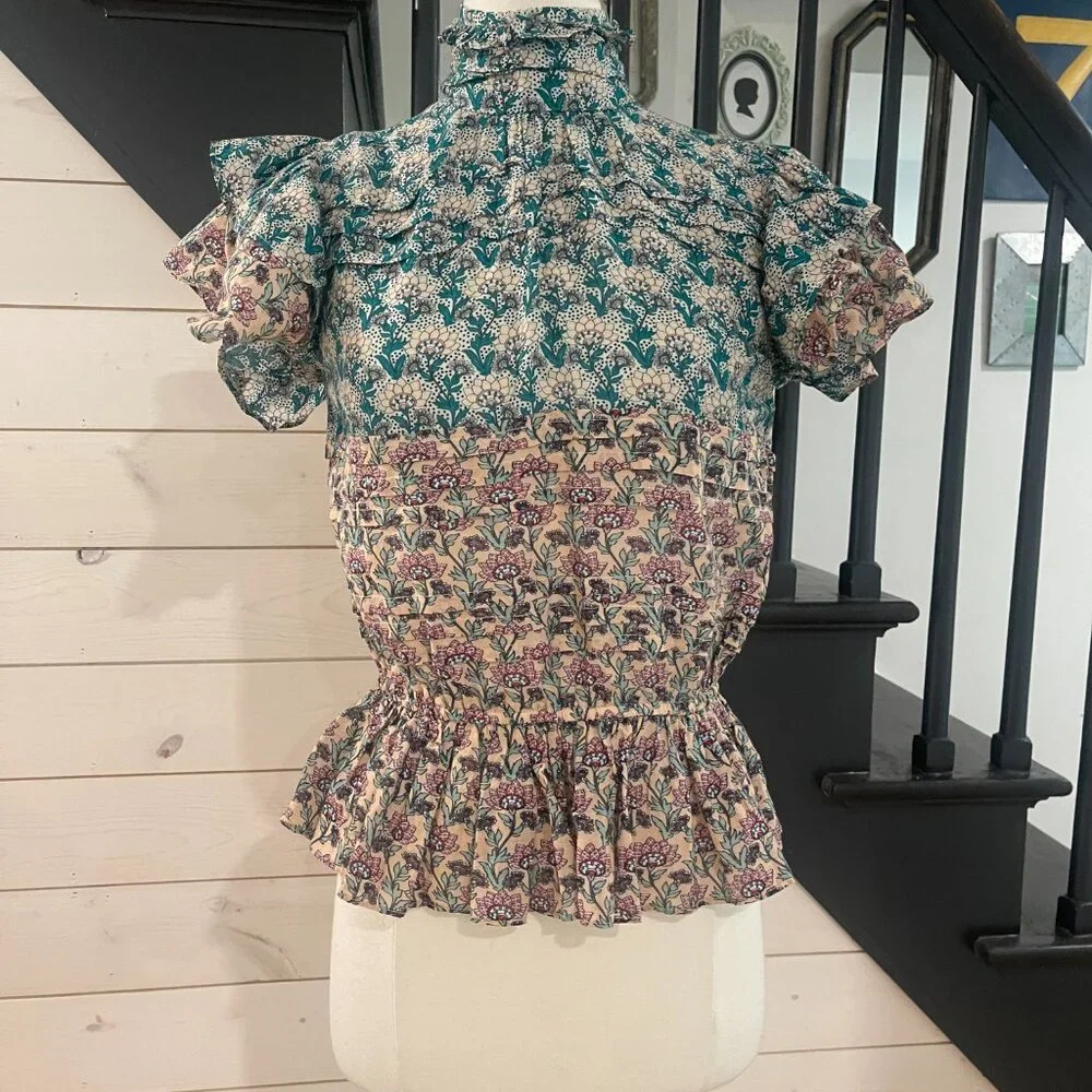 014 Anthropologie Let Me Be High Neck Printed Peasant Blouse NWOT Size XXS - Picture 8 of 14